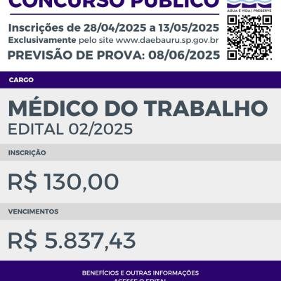 Concurso Público DAE Bauru: Inscrições para Médico do Trabalho Abertas a Partir de Segunda (28)