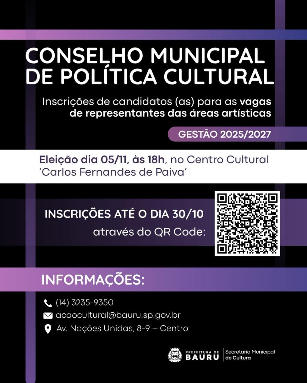 Secretaria de Cultura de Bauru abre inscrições para eleição do Conselho Municipal de Política Cultural 2025–2027