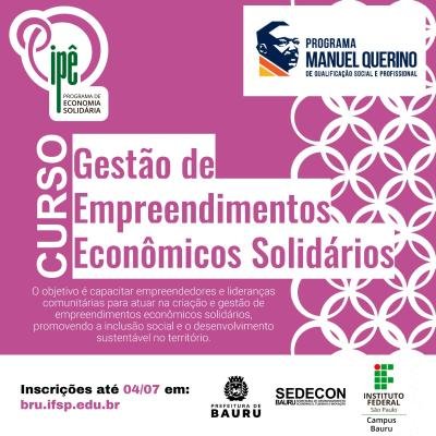 Últimos dias para inscrição no curso de Economia Solidária com bolsa remunerada em Bauru