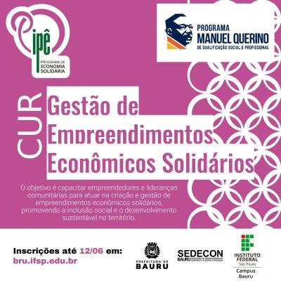 Curso de Economia Solidária com Bolsa Remunerada tem inscrições abertas em Bauru