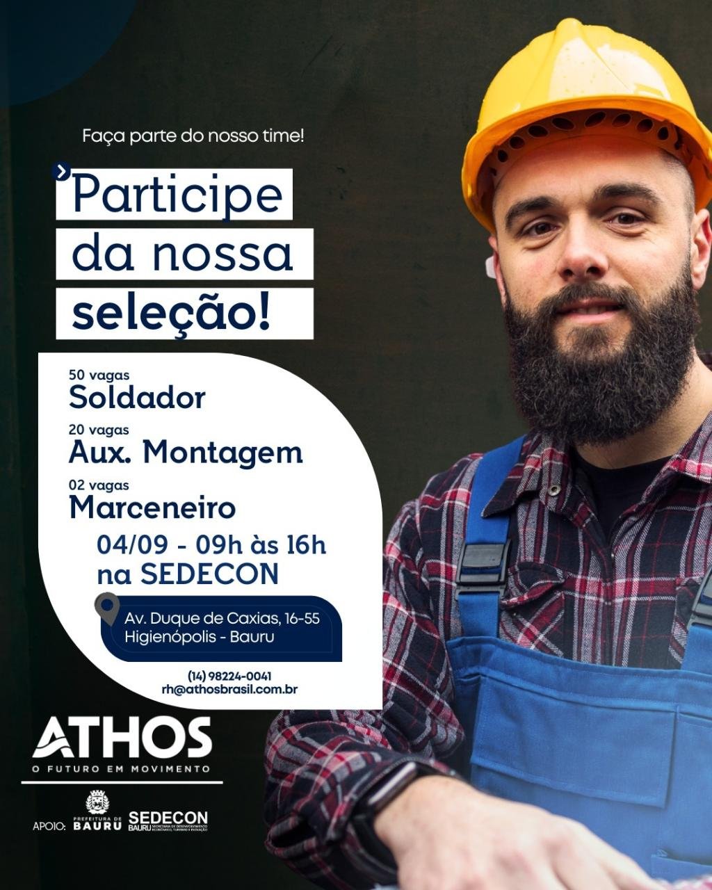 Processo Seletivo em Bauru: Athos oferece 72 vagas com apoio da Sedecon