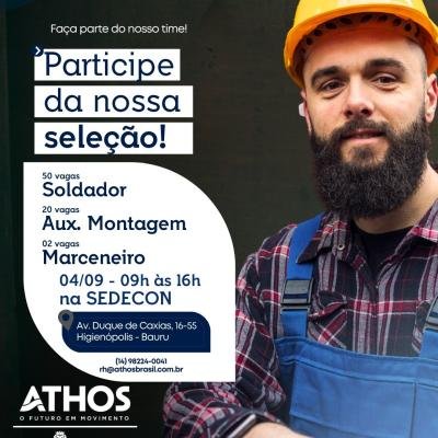 Processo Seletivo em Bauru: Athos oferece 72 vagas com apoio da Sedecon