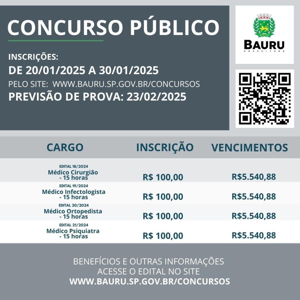 Prefeitura de Bauru vai abrir inscrições para sete concursos públicos em janeiro