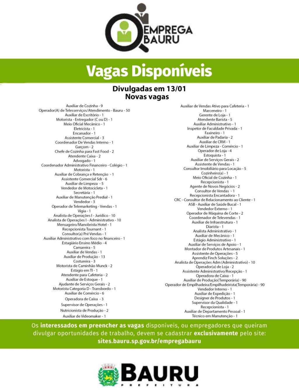 Emprega Bauru: vagas da semana - 13/01/2025