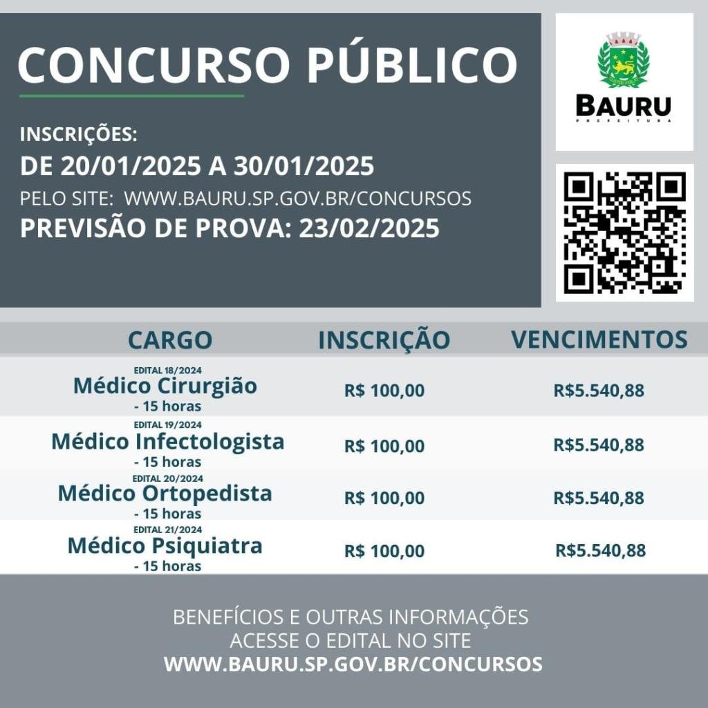 Prefeitura de Bauru abre inscrições para sete concursos públicos nesta segunda-feira