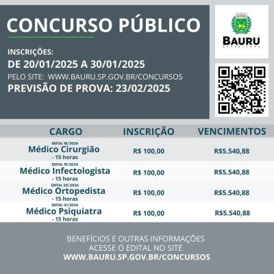 Prefeitura de Bauru abre inscrições para sete concursos públicos nesta segunda-feira