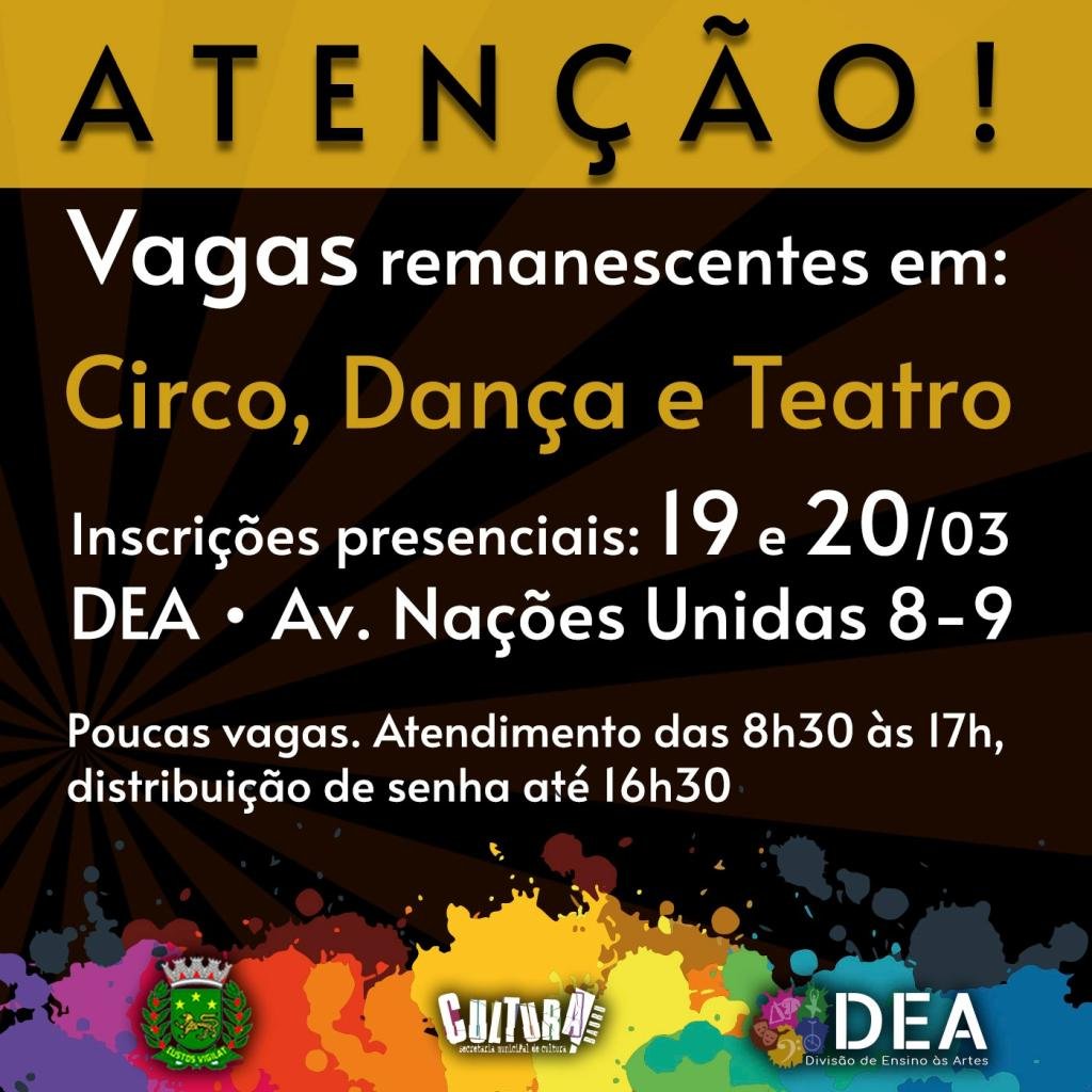 Secretaria de Cultura abre inscrições para vagas remanescentes dos cursos de Teatro, Circo e Dança